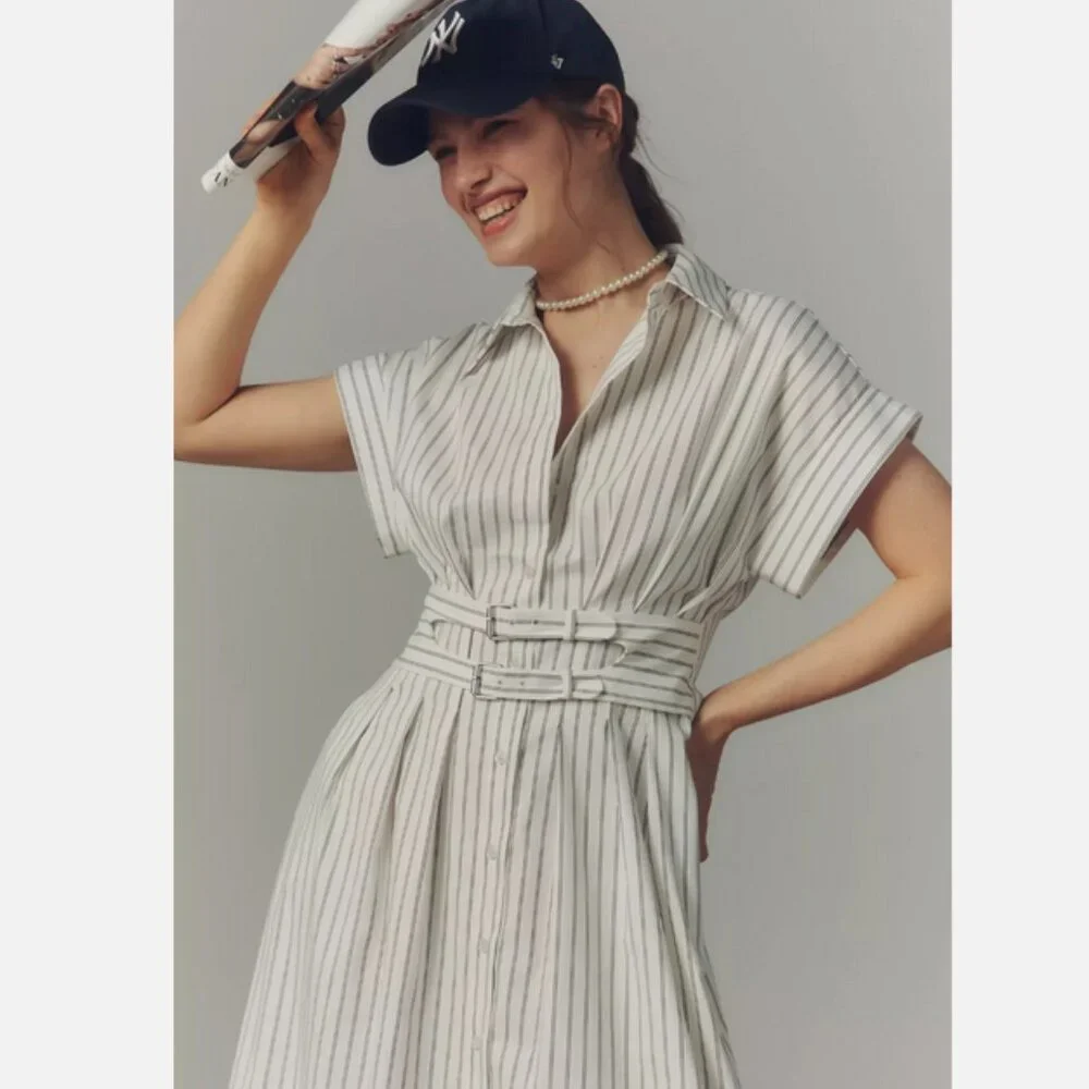 Anthropologie The Tobie Double Buckle Shirt Dress by Exquise Pinstripe M NWT - Picture 8 of 8